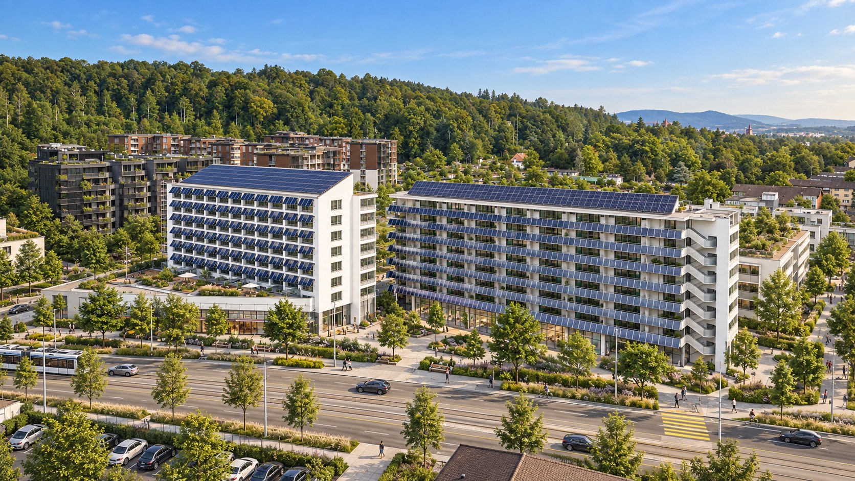 Architekturvisualisierung von Mehrfamilienhäusern mit Photovoltaik